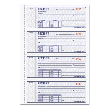Picture of Money Receipt Book, Softcover, Three-Part Carbonless, 7 x 2.75, 4 Forms/Sheet, 100 Forms Total