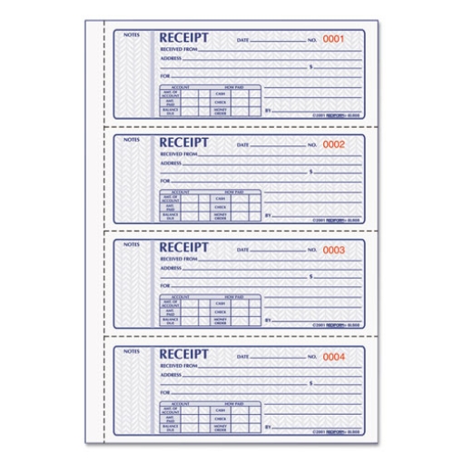 Picture of Money Receipt Book, Softcover, Three-Part Carbonless, 7 x 2.75, 4 Forms/Sheet, 100 Forms Total