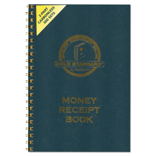 Picture of gold standard money receipt book, two-part carbonless, 7 x 2.75, 4 forms/sheet, 300 forms total