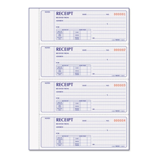 Picture of Receipt Book, Two-Part Carbonless, 7 x 2.75, 4 Forms/Sheet, 400 Forms Total