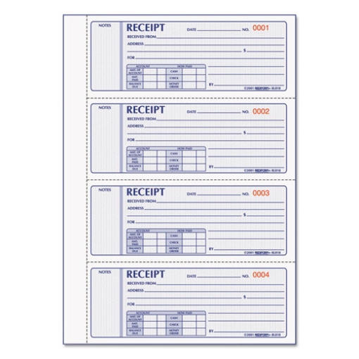 Picture of Money Receipt Book, Hardcover, Three-Part Carbonless, 7 x 2.75, 4 Forms/Sheet, 200 Forms Total