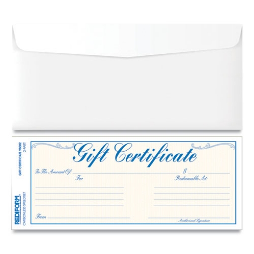 Picture of Gift Certificates With Envelopes, 8.5 X 3.67, Blue/gold With Blue Border, 25/pack