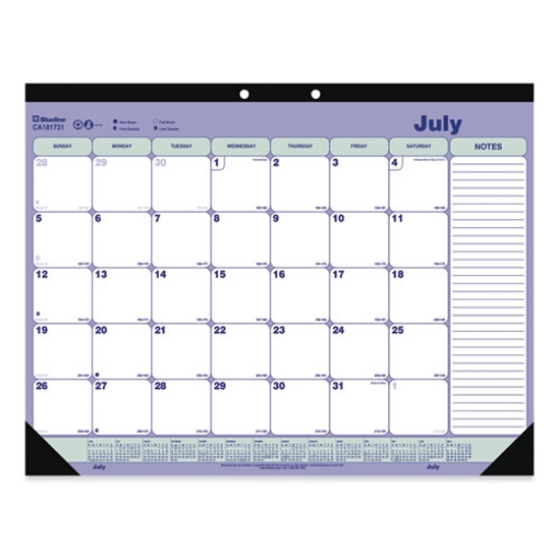 Picture of Academic Monthly Desk Pad Calendar, 21.25 x 16, White/Blue/Green, Black Binding/Corners, 13-Month (July-July): 2023 to 2024