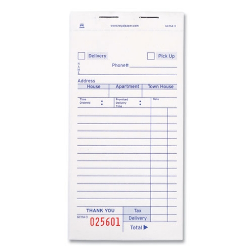 Picture of guest check pad, 14 lines, three-part carbonless, 3.4 x 6.69, 50 forms/pad, 50 pads/carton