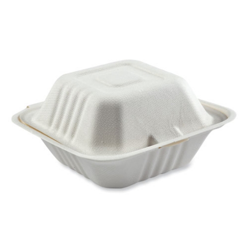 Picture of bagasse pfas-free food containers. 1-compartment, 6 x 6 x 3.19, white, bamboo/sugarcane, 500/carton