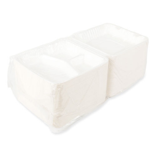 Picture of bagasse pfas-free food containers, 3-compartment, 9 x 9 x 3.19, white, bamboo/sugarcane, 200/carton