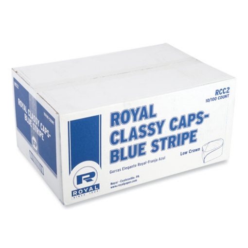 Picture of Classy Cap, Crepe Paper, Adjustable, One Size Fits All, White/Blue Stripe, 100 Caps/Pack, 10 Packs/Carton