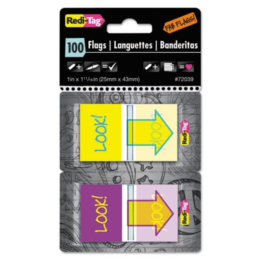 Picture of Pop-Up Fab Page Flags W/dispenser, "look!", Purple/yellow; Yellow/teal, 100/pack