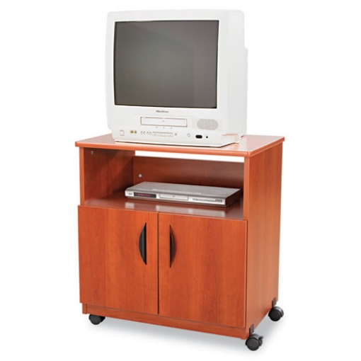 Picture of mobile machine stand, open compartment, engineered wood, 3 shelves, 200 lb capacity, 28" x 19.75" x 30.5", cherry