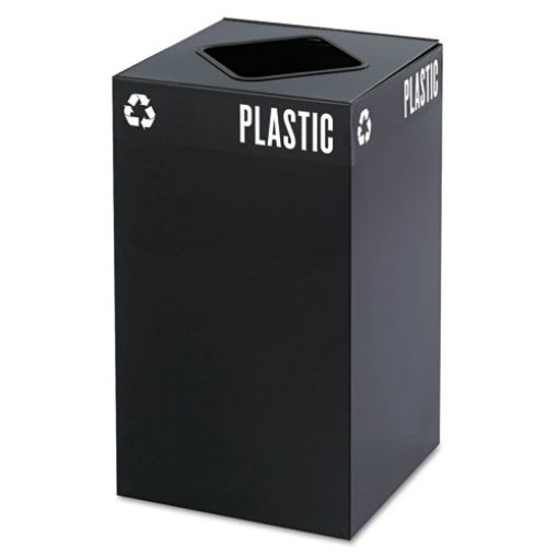 Picture of public square recycling receptacles, plastic recycling, 25 gal, steel, black