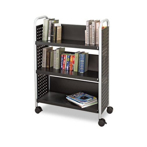 Picture of scoot single-sided book cart, metal, 3 shelves, 33" x 14.25" x 44.25", black