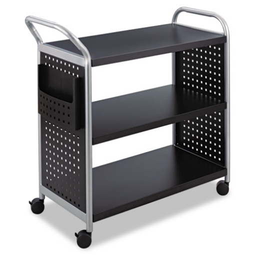 Picture of scoot three shelf utility cart, metal, 3 shelves, 1 bin, 300 lb capacity, 31" x 18" x 38", black/silver