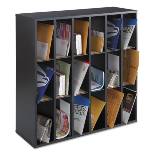 Picture of WOOD MAIL SORTER WITH ADJUSTABLE DIVIDERS, STACKABLE, 18 COMPARTMENTS, 33.75 X 12 X 32.75, BLACK