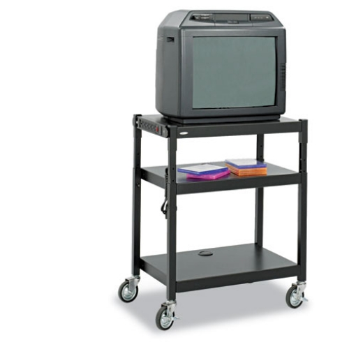 Picture of Adjustable-Height Steel AV Cart, Metal, 3 Shelves, (5) AC Outlets, 120 lb Capacity, 27.25" x 18.25" x 36.5", Black
