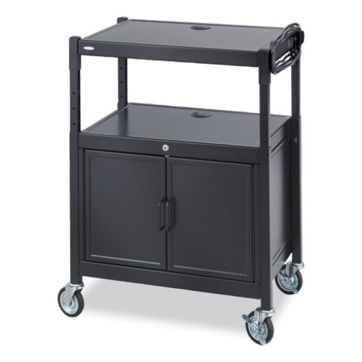 Picture of Steel Adjustable AV Cart w/Cabinet, Metal, 3 Shelf, 6 AC Outlets, 40 lb Cap, 26.75x20.5x42, Black, Ships in 1-3 Business Days