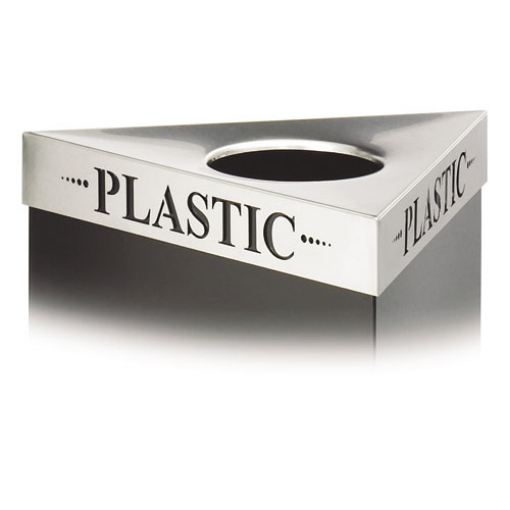 Picture of Triangular Lid for Trifecta Receptacle, Laser Cut "PLASTIC" Inscription, 20w x 20d x 3h, Stainless Steel