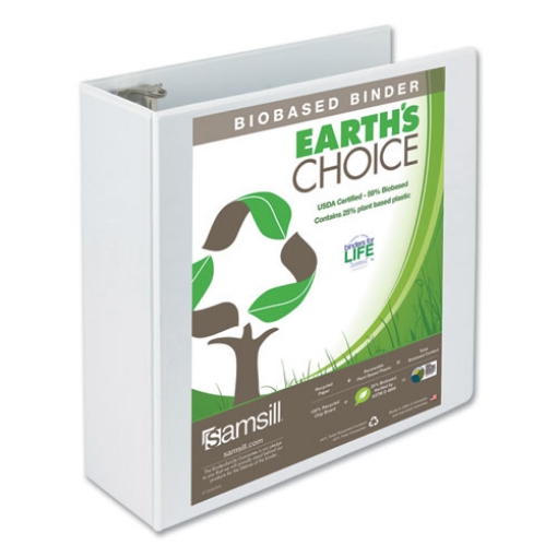 Picture of earth's choice plant-based round ring view binder, 3 rings, 4" capacity, 11 x 8.5, white