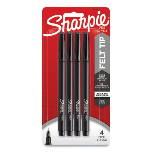 Picture of Water-Resistant Ink Porous Point Pen, Stick, Fine 0.4 mm, Black Ink, Black Barrel, 4/Pack