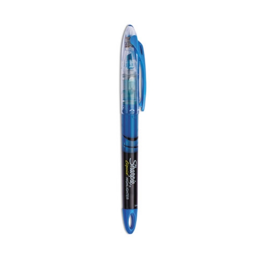 Picture of Liquid Pen Style Highlighters, Fluorescent Blue Ink, Chisel Tip, Blue/black/clear Barrel, Dozen