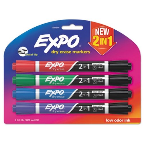 Picture of 2-In-1 Dry Erase Markers, Fine/broad Chisel Tips, Assorted Primary Colors, 4/pack