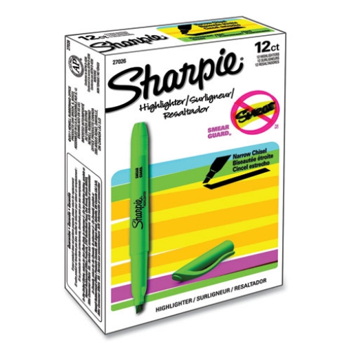 Picture of Pocket Style Highlighters, Fluorescent Green Ink, Chisel Tip, Green Barrel, Dozen