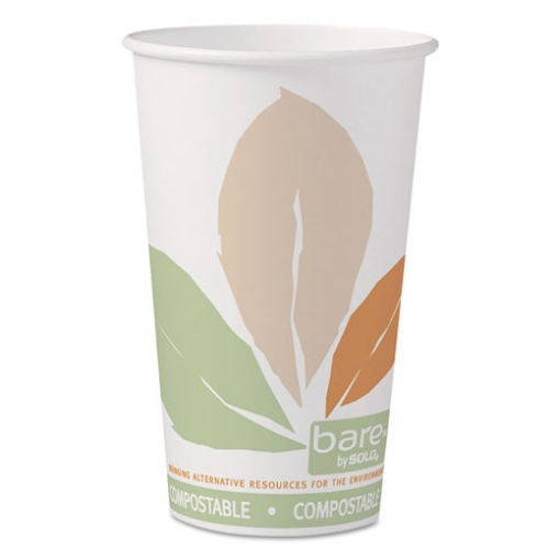 Picture of bare eco-forward pla paper hot cups, 16 oz, leaf design, white/green/orange, 50/pack