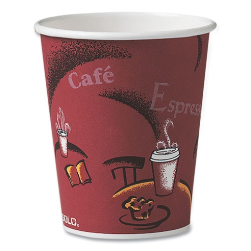 Picture of paper hot drink cups in bistro design, 10 oz, maroon, 50/pack