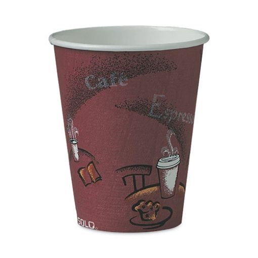 Picture of paper hot drink cups in bistro design, 8 oz, maroon, 50/bag, 20 bags/carton