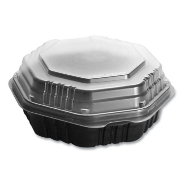 Picture of OctaView Hinged-Lid Hot Food Containers, 7.47 x 7.94 x 3.11, Black/Clear, Plastic, 100/Carton