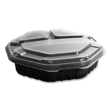 Picture of OctaView Hinged-Lid Hot Food Containers, 3-Compartment, 38 oz, 9.55 x 9.1 x 2.4, Black/Clear, Plastic, 100/Carton