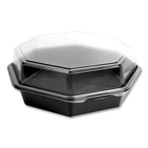 Picture of OctaView Hinged-Lid Cold Food Containers, 42 oz, 9.57 x 9.2 x 3.2, Black/Clear, Plastic, 100/Carton