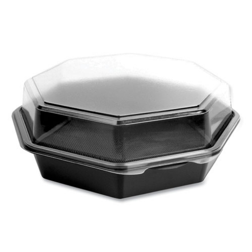 Picture of OctaView Hinged-Lid Cold Food Containers, 42 oz, 9.57 x 9.2 x 3.2, Black/Clear, Plastic, 100/Carton