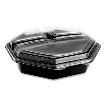 Picture of OctaView Hinged-Lid Cold Food Containers, 3-Compartment, 36 oz, 9.57 x 9.2 x 2.4, Black/Clear, Plastic, 100/Carton