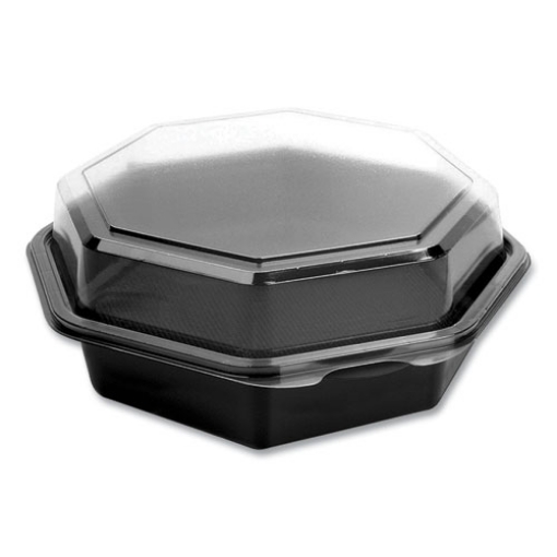 Picture of OctaView Hinged-Lid Cold Food Containers, 28 oz, 7.94 x 7.5 x 3.2, Black/Clear, Plastic, 100/Carton