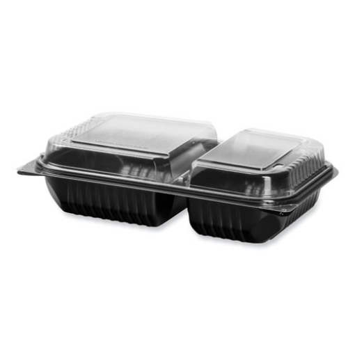 Picture of Creative Carryouts Hinged Plastic Hot Deli Boxes, 2-Compartment, 8.05 x 11.5 x 2.95, Black/Clear, 100/Carton