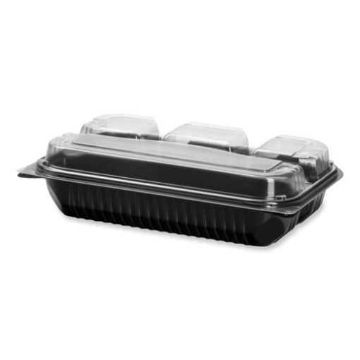 Picture of Creative Carryouts Hinged Plastic Hot Deli Boxes, 4-Compartment, 8.05 x 11.5 x 2.95, Black/Clear, 100/Carton