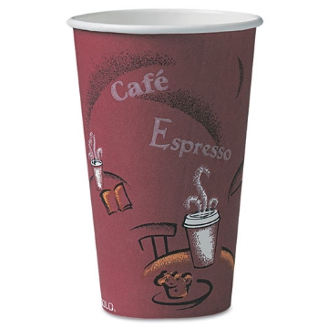 Picture of paper hot drink cups in bistro design, 16 oz, maroon, 300/carton