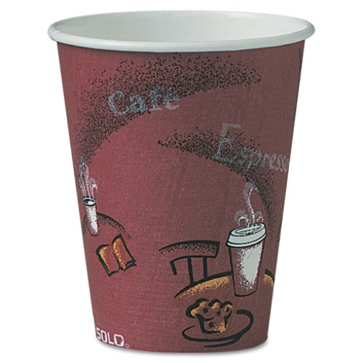 Picture of Paper Hot Drink Cups in Bistro Design, 8 oz, Maroon, 500/Carton