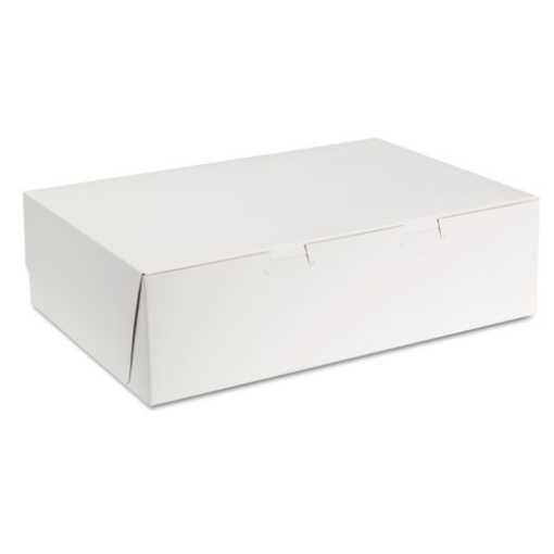 Picture of white one-piece non-window bakery boxes, 1/4-sheet cake box, 14 x 10 x 4, white, paper, 100/carton