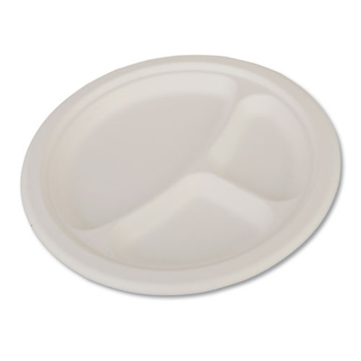 Picture of Champware Heavyweight Bagasse Dinnerware, Plate, 3-Compartment, 10" Dia, White, 500/carton