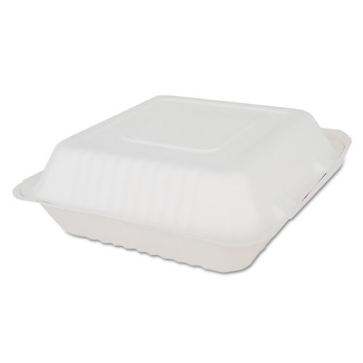 Picture of ChampWare Molded-Fiber Clamshell Containers, 9 x 9 x 3, White, Sugarcane, 200/Carton