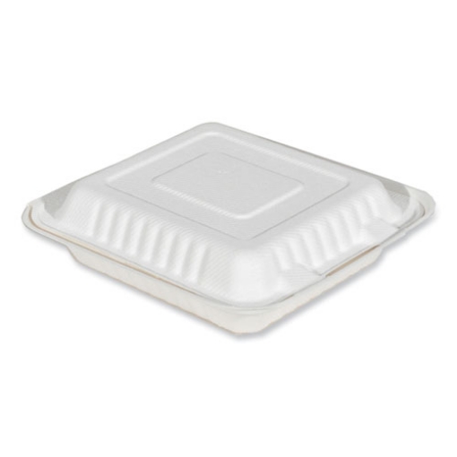 Picture of ChampWare Molded-Fiber Clamshell Containers, 8 x 8, White, Sugarcane, 200/Carton