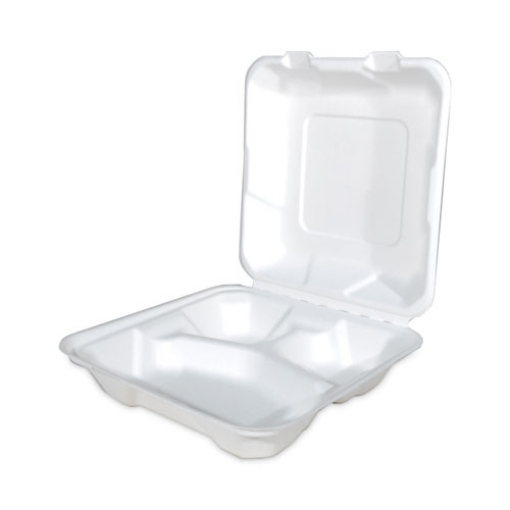 Picture of ChampWare Molded-Fiber Clamshell Containers, 8 x 8, White, Sugarcane, 200/Carton