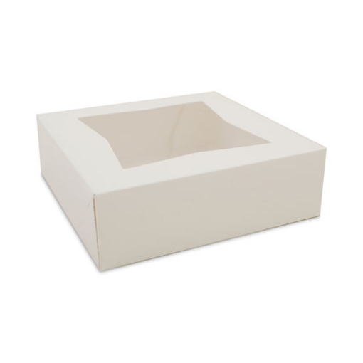 Picture of White Window Bakery Boxes with Attached Flip Top, 4-Corner Beers Design, 8 x 8 x 2.5, White, Paper, 200/Carton