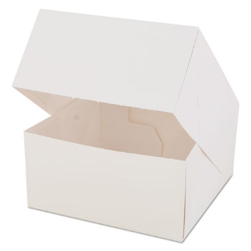 Picture of White Window Bakery Boxes with Attached Flip Top, 4-Corner Beers Design, 6 x 6 x 3, White, Paper, 200/Carton