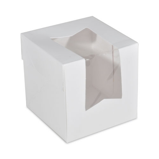 Picture of white window bakery boxes with attached flip top, 4-corner beers design, 4.5 x 4.5 x 4.5, white, paper, 200/carton