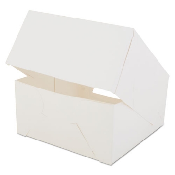 Picture of White Window Bakery Boxes with Attached Flip Top, 4-Corner Beers Design, 8 x 8 x 4, White, Paper, 150/Carton