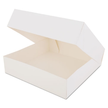 Picture of White Window Bakery Boxes with Attached Flip Top, 4-Corner Beers Design, 10 x 10 x 2.5, White, Paper, 200/Carton