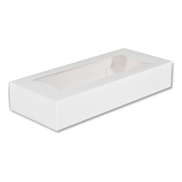 Picture of White Window Bakery Boxes with Attached Flip Top, 4-Corner Beers Design, 12.5 x 5.5 x 2.25, White, Paper, 200/Carton