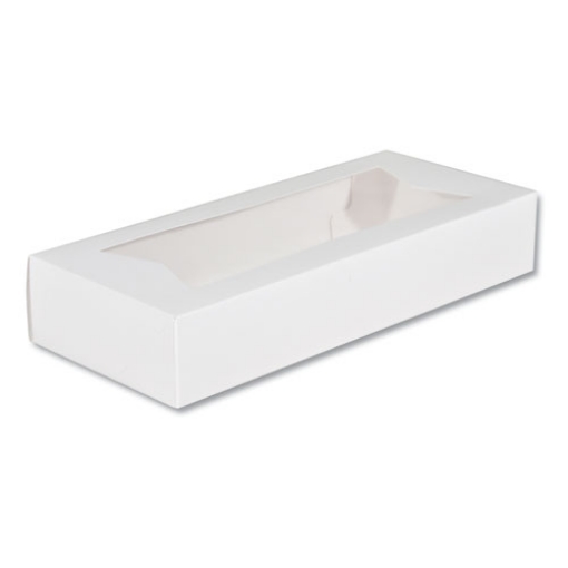 Picture of White Window Bakery Boxes with Attached Flip Top, 4-Corner Beers Design, 12.5 x 5.5 x 2.25, White, Paper, 200/Carton